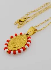 Miraculous Medal + Necklace - Red and White Beads