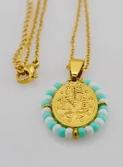 Religious Necklace and Miraculous Medal - Turquoise and White Beads