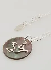 Religious Necklace Silver Dove and Black Mother-of-Pearl