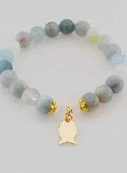 Bracelet Aquamarine Stones 8mm and Golden Ichthus