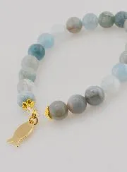 Bracelet Aquamarine Stones 8mm and Golden Ichthus