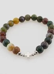 Religious Bracelet Indian Agate 8mm and Cross