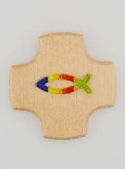 Maple Wood Cross and Glass Ichtus Fish - 9cm