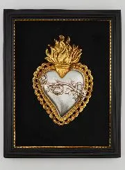 Gold and Silver Wall Ex Voto on Black Velvet - Heart with Flowers 18cm