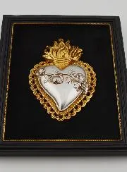 Gold and Silver Wall Ex Voto on Black Velvet - Heart with Flowers 18cm
