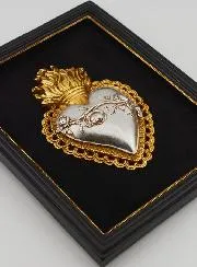 Gold and Silver Wall Ex Voto on Black Velvet - Heart with Flowers 18cm