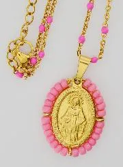 Miraculous Medal with Beads + Necklace Pink Beads
