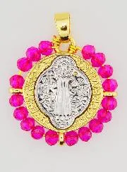 Saint Benedict Medal in Brass and Pink Glass