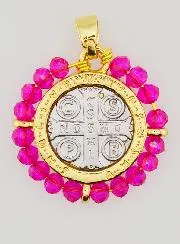 Saint Benedict Medal in Brass and Pink Glass