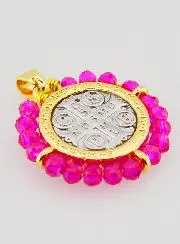 Saint Benedict Medal in Brass and Pink Glass