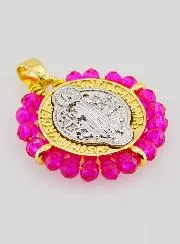 Saint Benedict Medal in Brass and Pink Glass