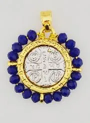 Saint Benedict Medal in Brass and Blue Glass