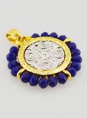 Saint Benedict Medal in Brass and Blue Glass