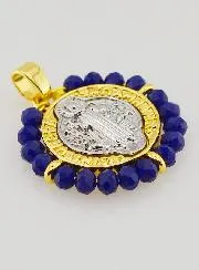 Saint Benedict Medal in Brass and Blue Glass