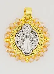 Saint Benedict Medal in Brass and Pale Pink Glass