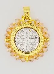 Saint Benedict Medal in Brass and Pale Pink Glass