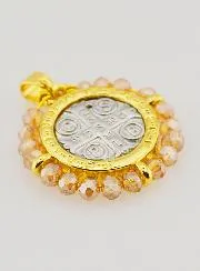 Saint Benedict Medal in Brass and Pale Pink Glass