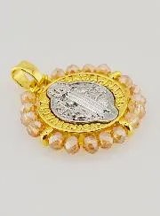 Saint Benedict Medal in Brass and Pale Pink Glass