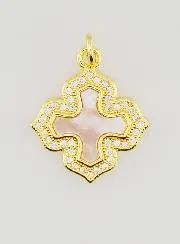 Square Cross Pendant in Mother-of-Pearl Brass and Rhinestones