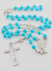 Miraculous Medal Rosary with Chrome Beads - Turquoise Blue