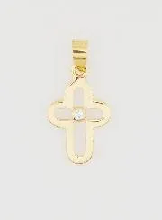 9K Gold Openwork Rounded Cross Pendant with Stone - 15mm