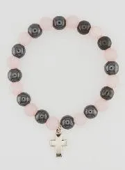 Bracelet with Cross - Rose Quartz and Hematite 8mm