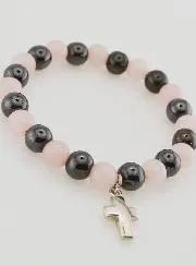 Bracelet with Cross - Rose Quartz and Hematite 8mm