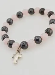 Bracelet with Cross - Rose Quartz and Hematite 8mm
