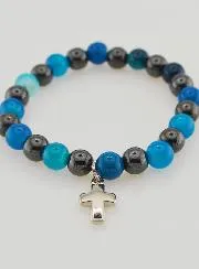 Bracelet with Cross - Blue Agate and Hematite 8mm