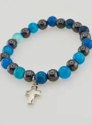 Bracelet with Cross - Blue Agate and Hematite 8mm
