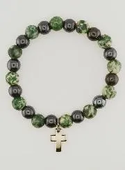 Bracelet with Cross - Tree Agate and Hematite 8mm