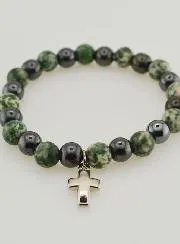 Bracelet with Cross - Tree Agate and Hematite 8mm