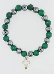 Bracelet with Cross - Green Agate and Hematite