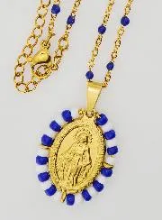 Miraculous Medal Blue and White Beads + Necklace with Beads