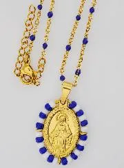 Religious Necklace with Beads and Miraculous Medal - Blue and White
