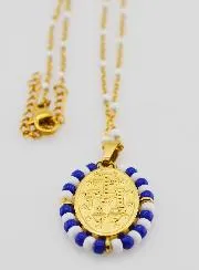 Religious Necklace with Beads and Miraculous Medal - Blue and White