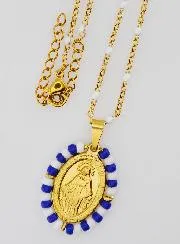 Religious Necklace with Beads and Miraculous Medal - Blue and White