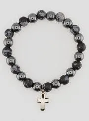 Bracelet with Cross - Hematite and Snowflake Obsidian