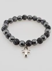 Bracelet with Cross - Hematite and Snowflake Obsidian