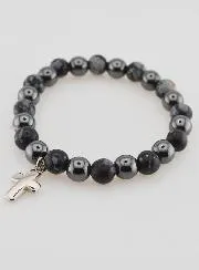 Bracelet with Cross - Hematite and Snowflake Obsidian