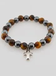 Bracelet with Cross - Hematite and Tiger's Eye