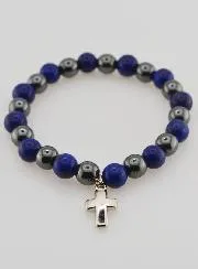 Bracelet with Cross - Hematite and Lapis Lazuli