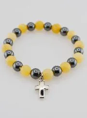 Bracelet with Cross - Hematite and Yellow Calcite