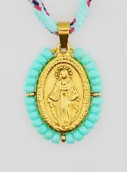 Miraculous Medal Green Beads and Cord