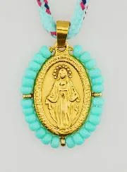 Cord Necklace Miraculous Medal with Green Beads