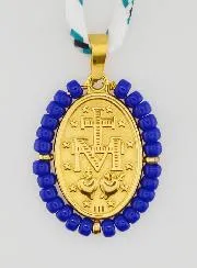 Cord Necklace Miraculous Medal with Blue Beads
