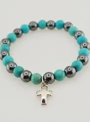 Religious Bracelet with Cross - Hematite and Turquoise