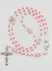 Virgin Mary Rosary with Clasp - Pink Beads