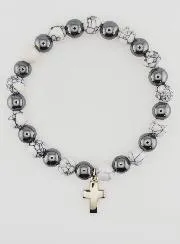 Religious Bracelet with Cross - Hematite and Howlite