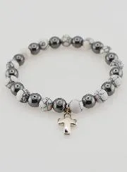 Religious Bracelet with Cross - Hematite and Howlite
